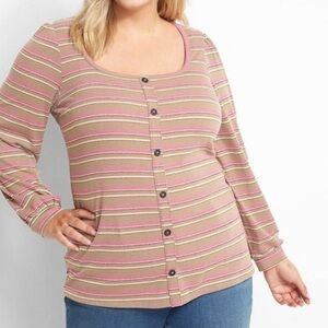 Lane Bryant 18/20 Ribbed Button Front Shirt Tan Brown Pink Metallic stripe 0467